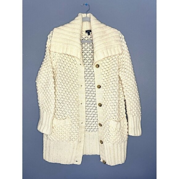 Talbots Crochet Cardigan Sweater M Chunky Knit Alpaca  Shawl Collar Cottagecore - Picture 1 of 7